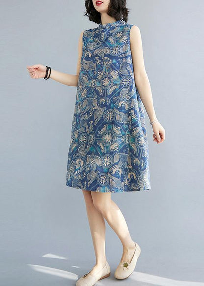 Loose Blue Print Oriental Summer Cotton Dress