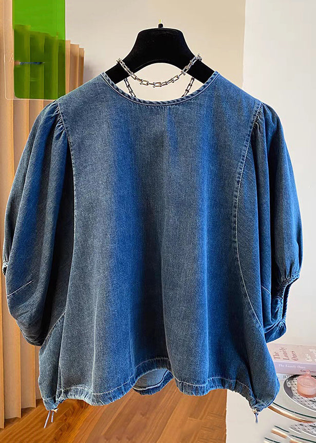 Denim Blue Patchwork Tie Lace Tops Summer
