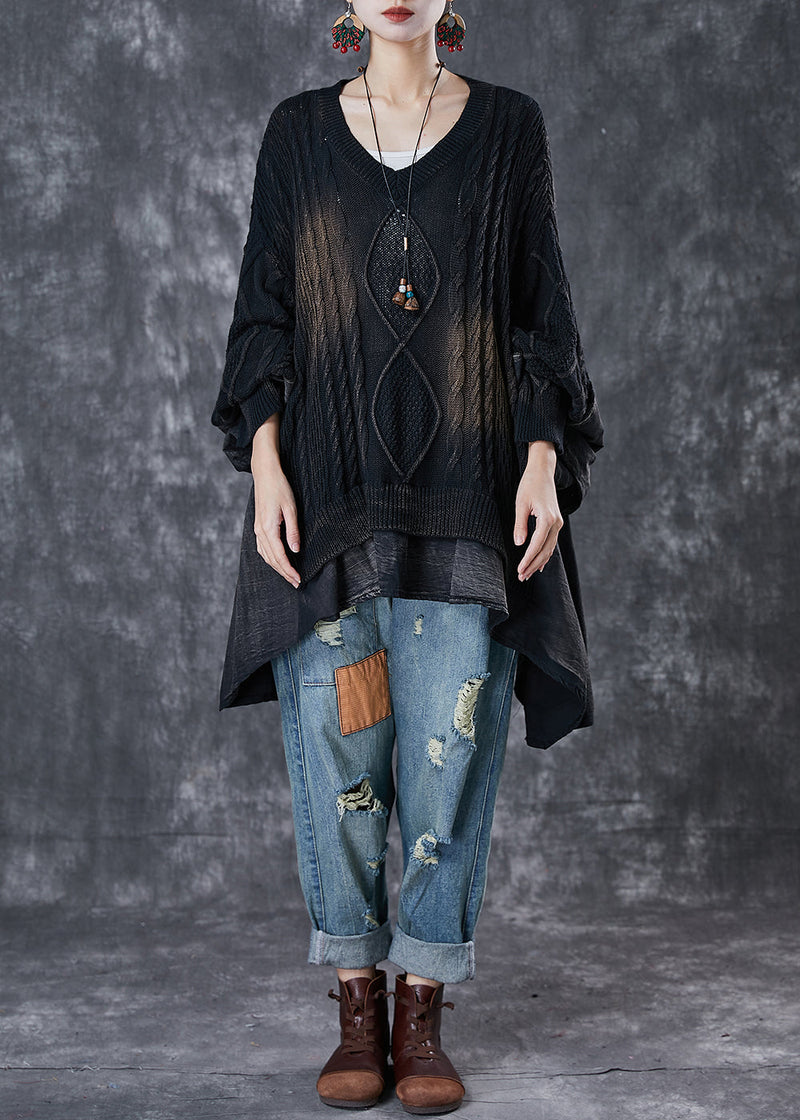 Black Asymmetrical Oversized Patchwork Knit Tops Spring