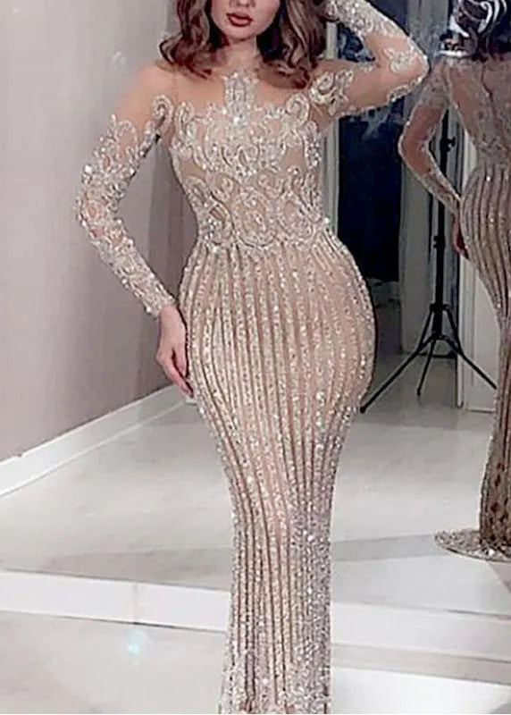 Beige O Neck Sequins Slim Fit Long Dress Spring