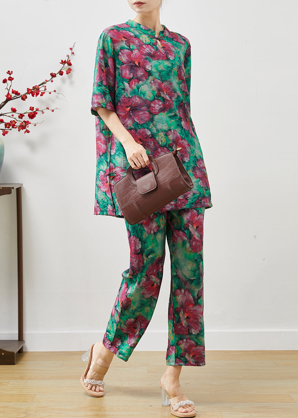 Green Print Linen Two Pieces Set Chinese Button Summer