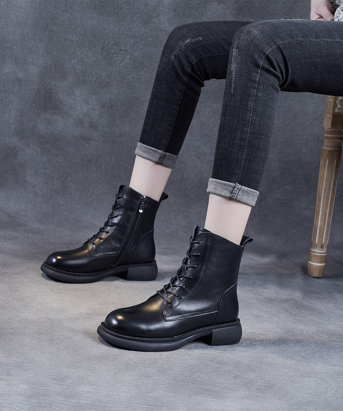 Black Lace Up Warm Fleece Cowhide Leather Ankle Boots