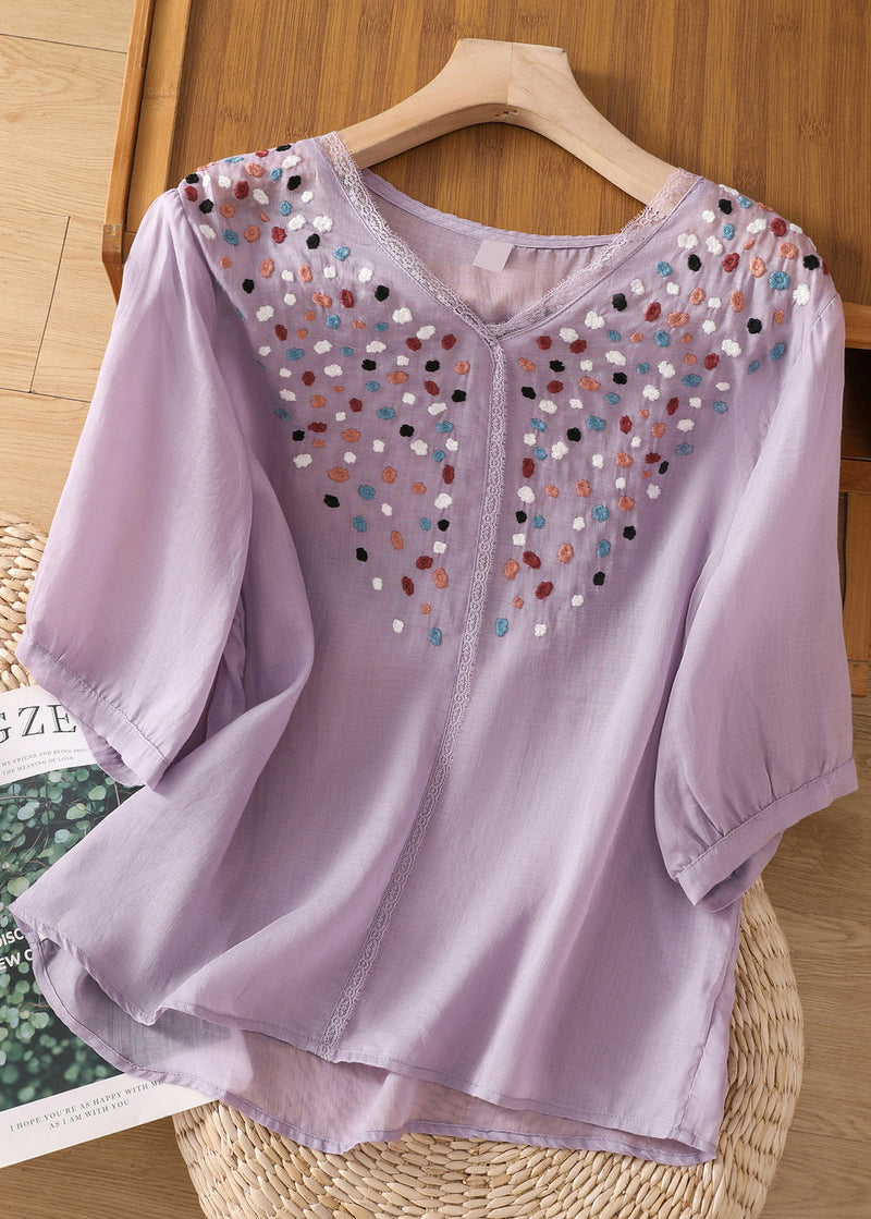 White Embroideried Patchwork Lace Linen Shirt Short Sleeve