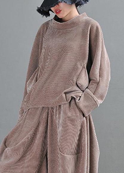 Grey Camel Turtleneck Pockets Velour Top Long Sleeve