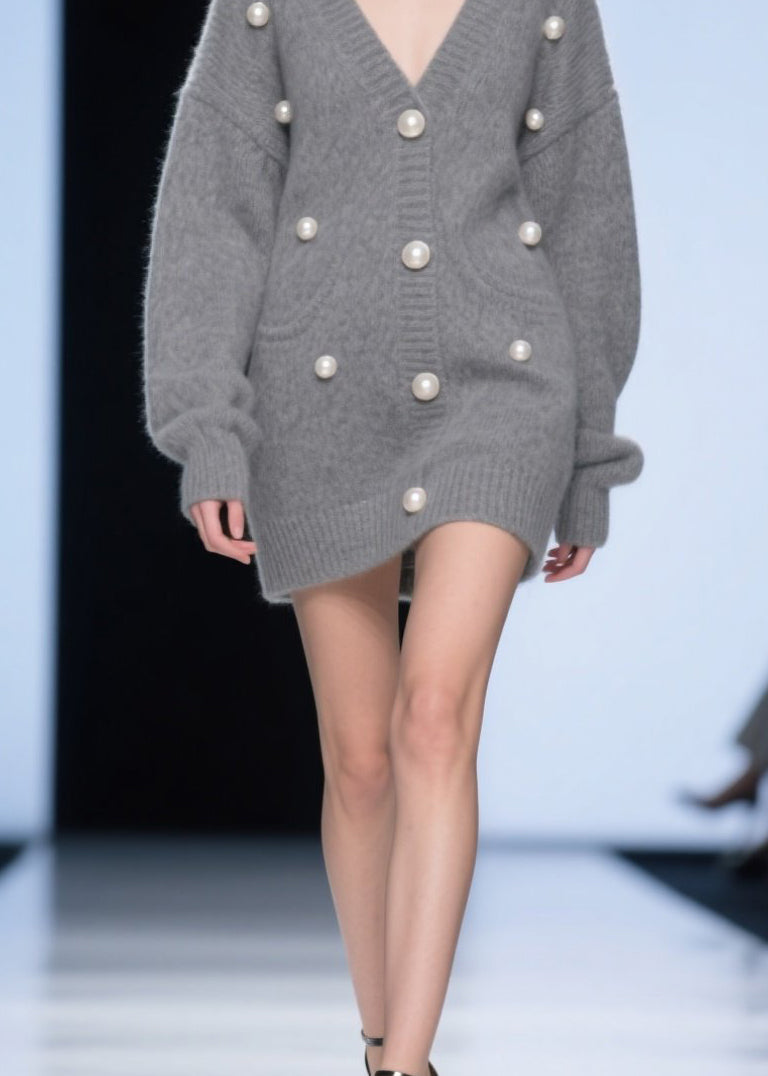 Grey V Neck Nail Bead Patchwork Knit Cardigans Fall