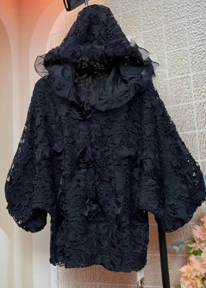 Black Embroidered Lace Hooded Coats Fall