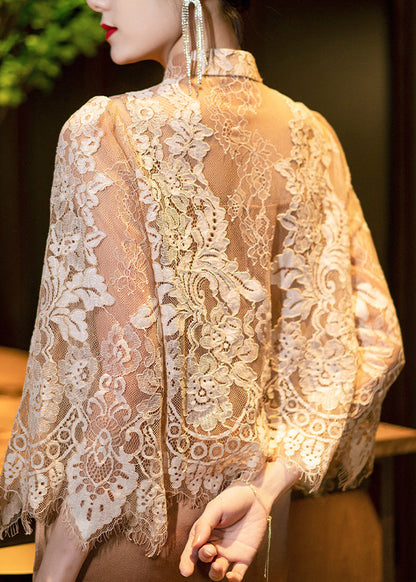 Fine Gold Stand Collar Lace Tops and Dress Silk Two Pieces Set Spring