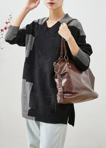 Colorblock V Neck Patchwork Thick Knitted Tops Winter