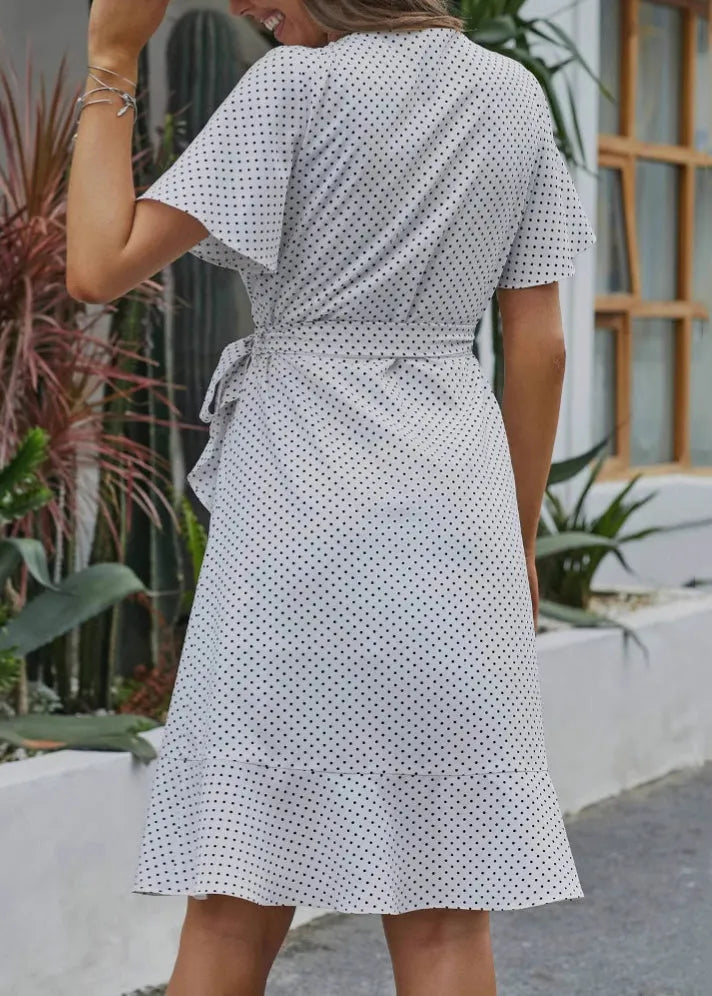 New White V Neck Dot Tie Waist Cotton Dress Summer