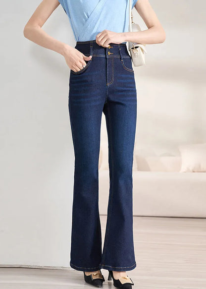 Slim Fit Navy Button High Waist Denim Flare Bottoms Fall