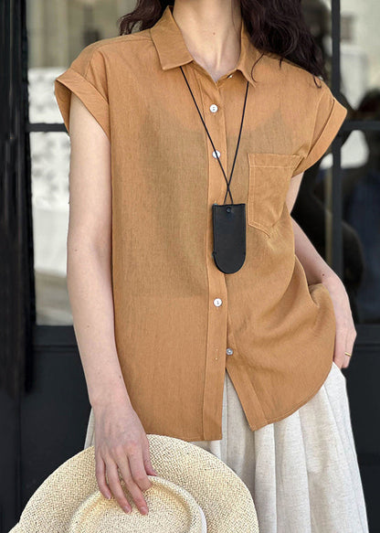 Orange Peter Pan Collar Button Silk Cotton Shirt Summer
