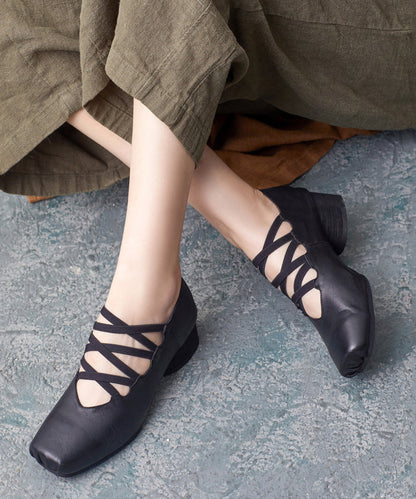 Coffee Cross Strap Cowhide Leather High Heels