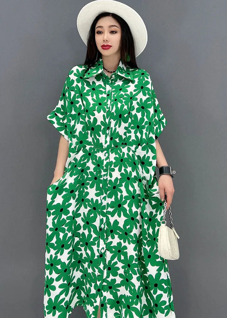 Green Peter Pan Collar Print Shirt Dress Short Sleeve