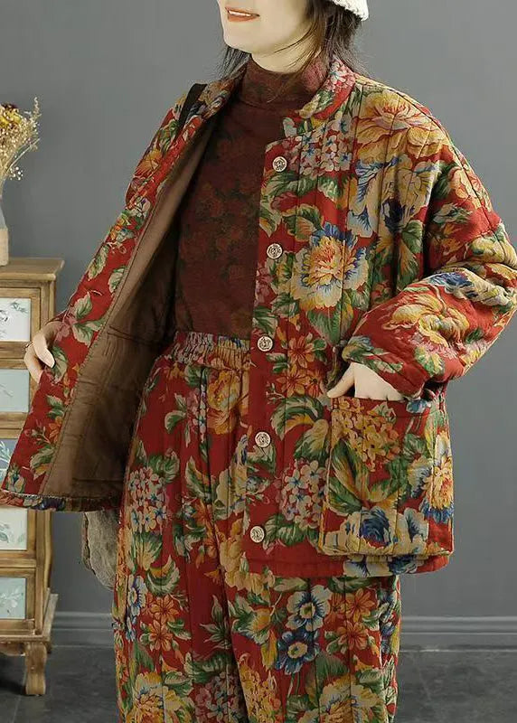 Retro Red Stand Collar Pockets Print Fine Cotton Filled Coat Winter
