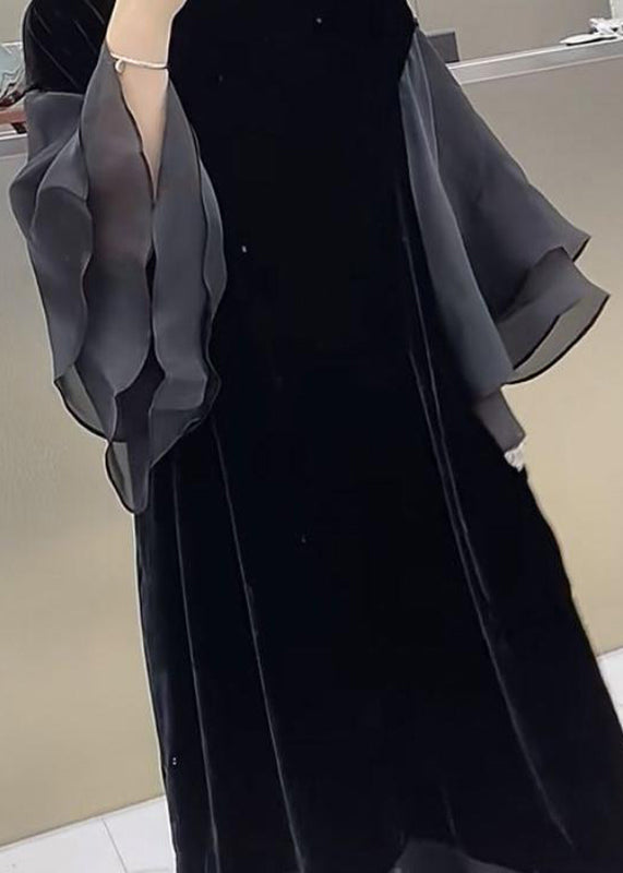 Black O-neck Patchwork Silk Velour Maxi Dress Butterfly Sleeve