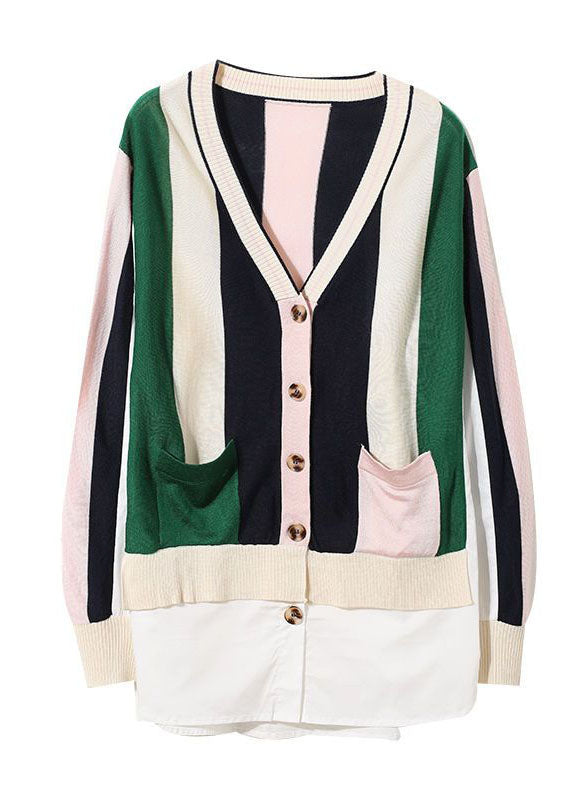 Colorblock V Neck Patchwork Striped Knit Cardigans Spring