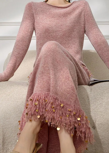 French Pink Sequins Patchwork Tassel Cotton Knit Sweater and Maxi Skirts Two Pieces Set Flare Sleeve