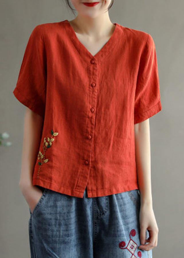 Loose Pink V Neck Embroideried Summer Cotton Blend Shirt