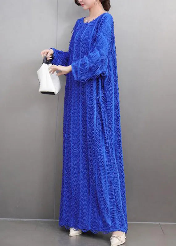 Loose Blue O-neck Cozy Tassel Long Dress Spring