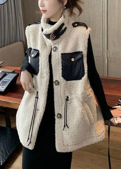 Modern Beige Drawstring Pockets Winter Sleeveless Teddy Vest Jacket