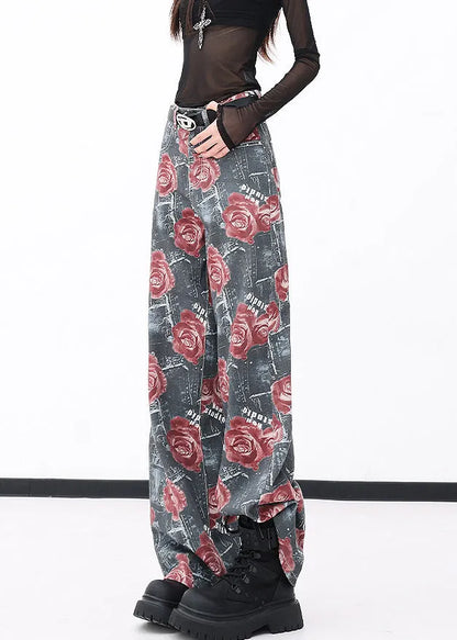 Red Pockets Print Denim Wide Leg Pants Fall