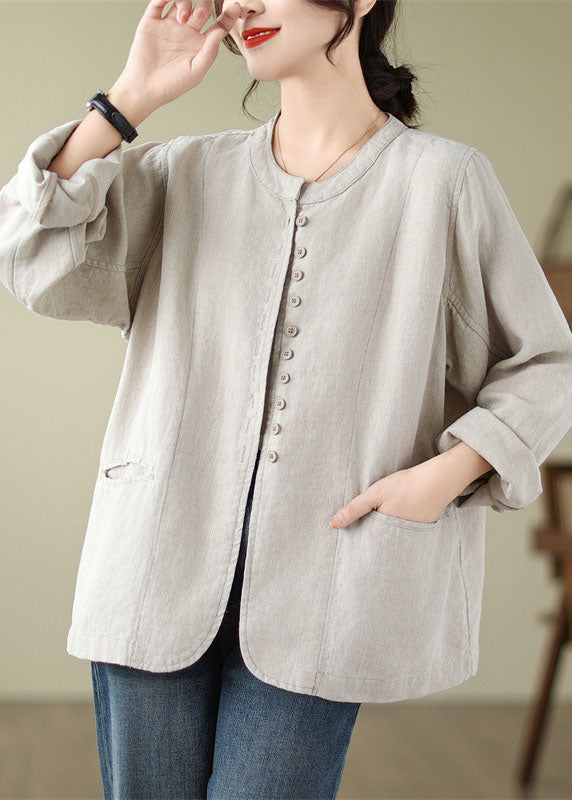 Linen O-neck Pockets Button Shirt Fall