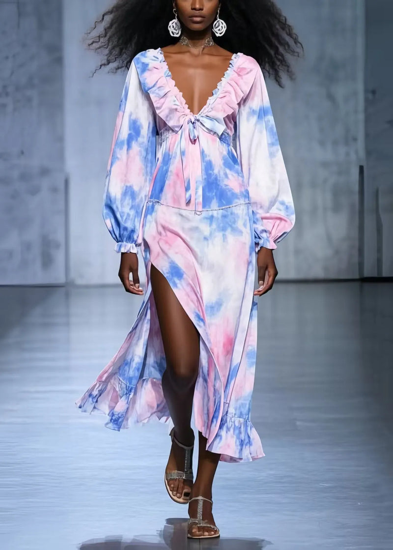 Art Rainbow Ruffled Tie Dye Side Open Chiffon Robe Dresses Spring
