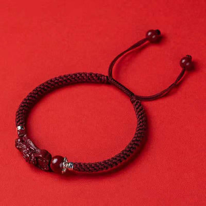 Buddha Stones Handcrafted Pixiu Cinnabar Wealth Luck Braided Bracelet
