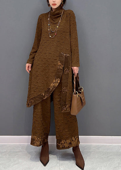 Chocolate Turtleneck Print Top and Pants Two Pieces Set Spring