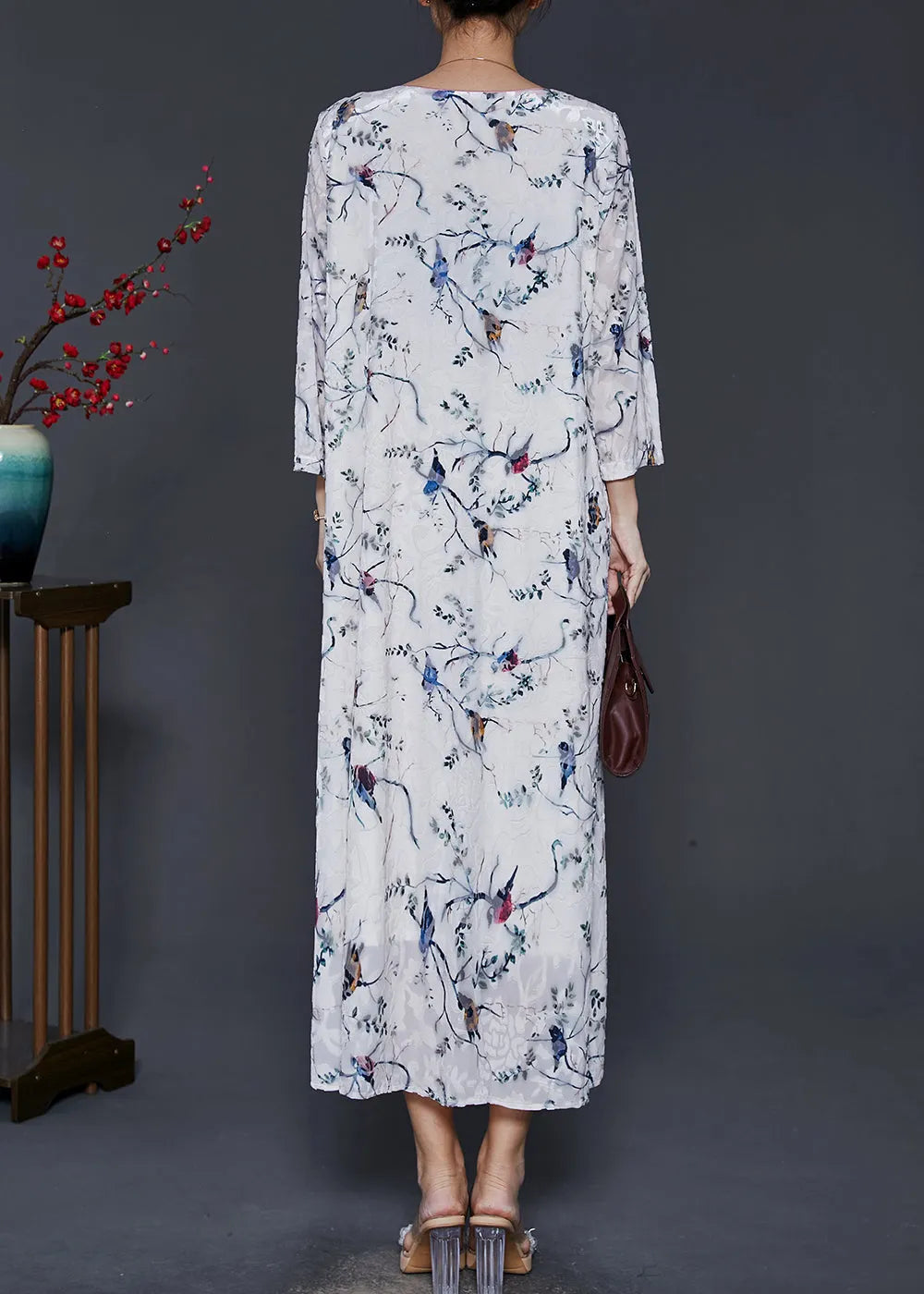 White Chinese Button Print Silk Velour Dress Spring