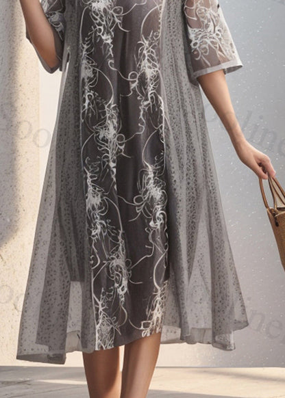 Grey O Neck Print False Two Pieces Silk Dresses Summer