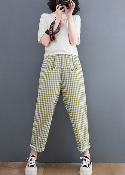 Green Plaid Elastic Waist Plaid Linen Pants Spring