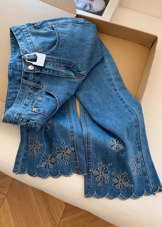 Blue Embroidered Denim Crop Pants Trousers Fall