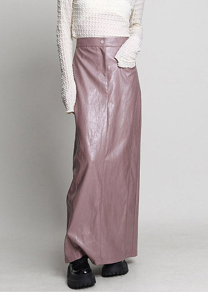 Pink Side Open High Waist Faux Leather Skirt Spring