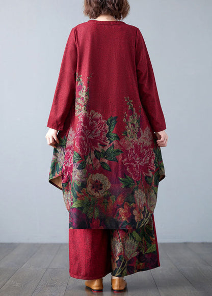 Red Oversized Print Cotton Two Pieces Set Spring