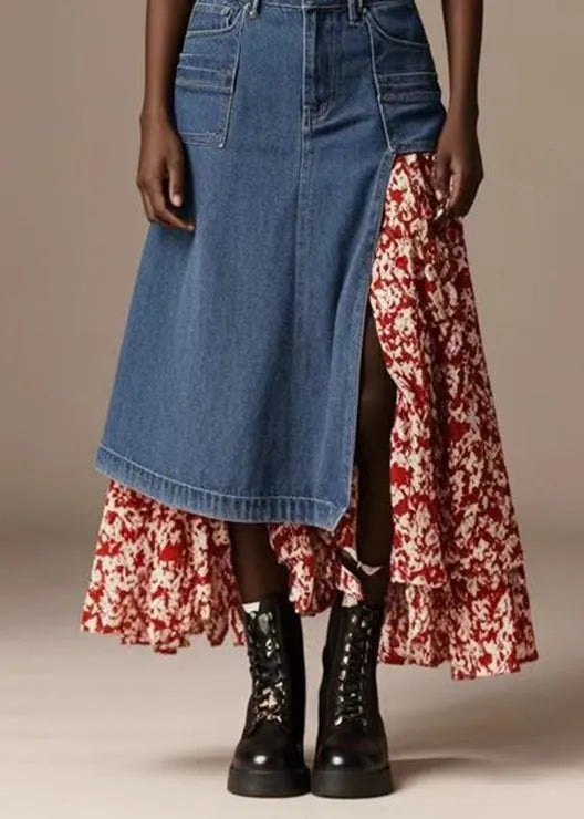 Blue Asymmetrical Patchwork Print Denim Skirt Spring