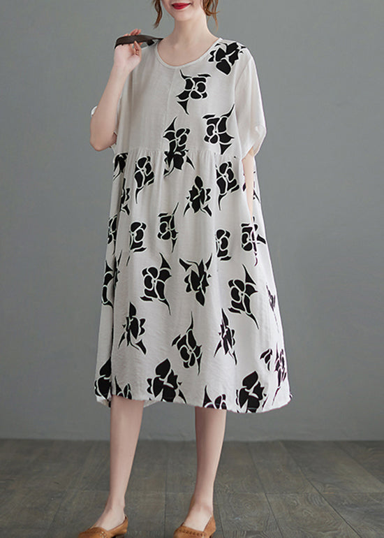 Loose White O-neck Cinched Asymmetrical Design Print Dresses Short Sleeve