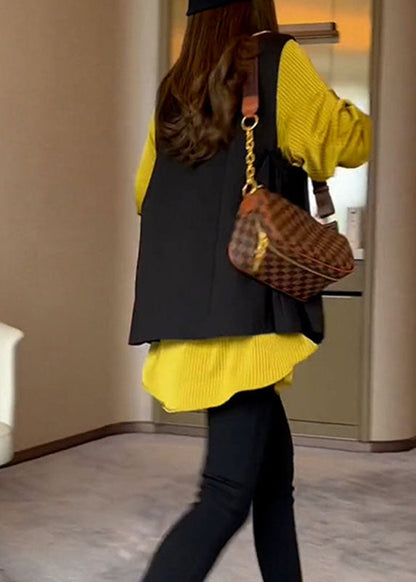 Natural V Neck Black Waistcoat and Yellow Shirts Two Pieces Set Fall