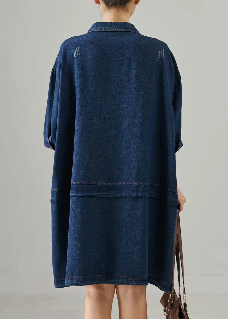 Navy Oversized Patchwork Denim Ripped Dresses Summer