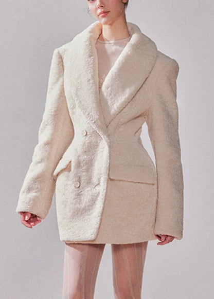 White Notched Patchwork Button Faux Fur Coats Winter