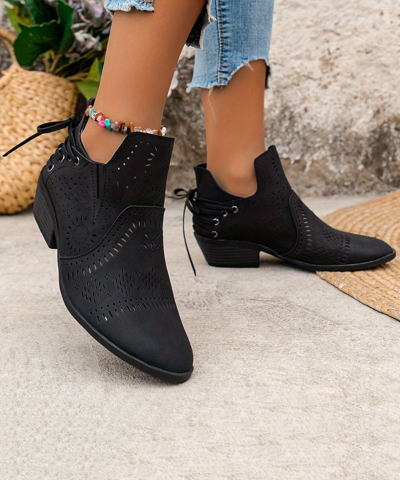 Brown Boots Chunky Faux Leather Hollow Out Ankle Boots