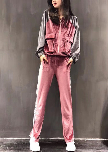 Pink Zippered Silk Velour Coats and Wide Leg Pants Two Pieces Set Long Sleeve