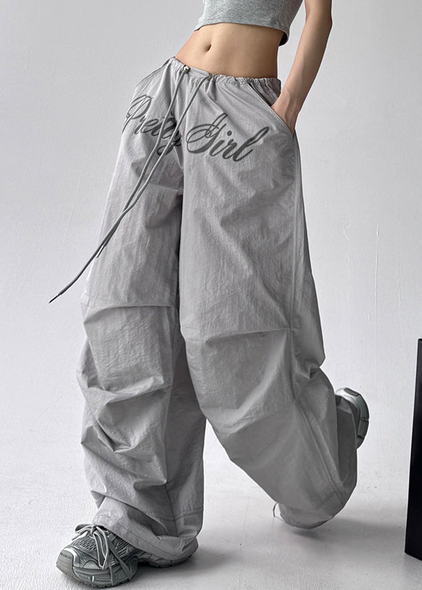 Grey Pockets Cotton Wide Leg Pants Drawstring