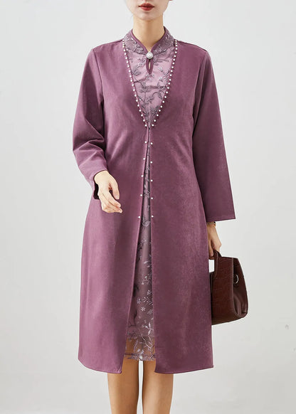 Purple Embroideried Patchwork Silk Fake Two Piece Dress Fall