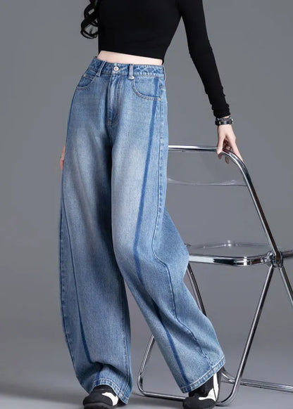 Boutique Blue Pockets Patchwork High Waist Denim Pants Spring
