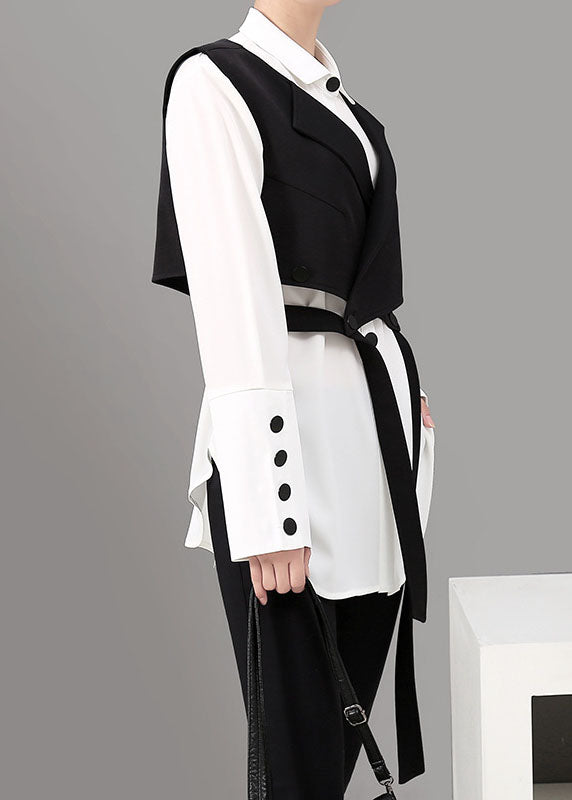 Loose Black Peter Pan Collar Button Shirt Vest Two Piece Suit Set Spring