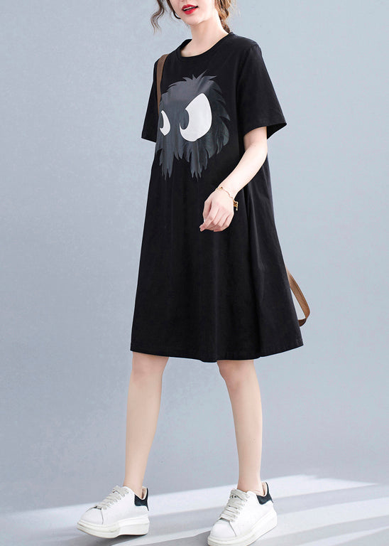 Slim Fit Black O-neck Appliques A-line Dresses Short Sleeve