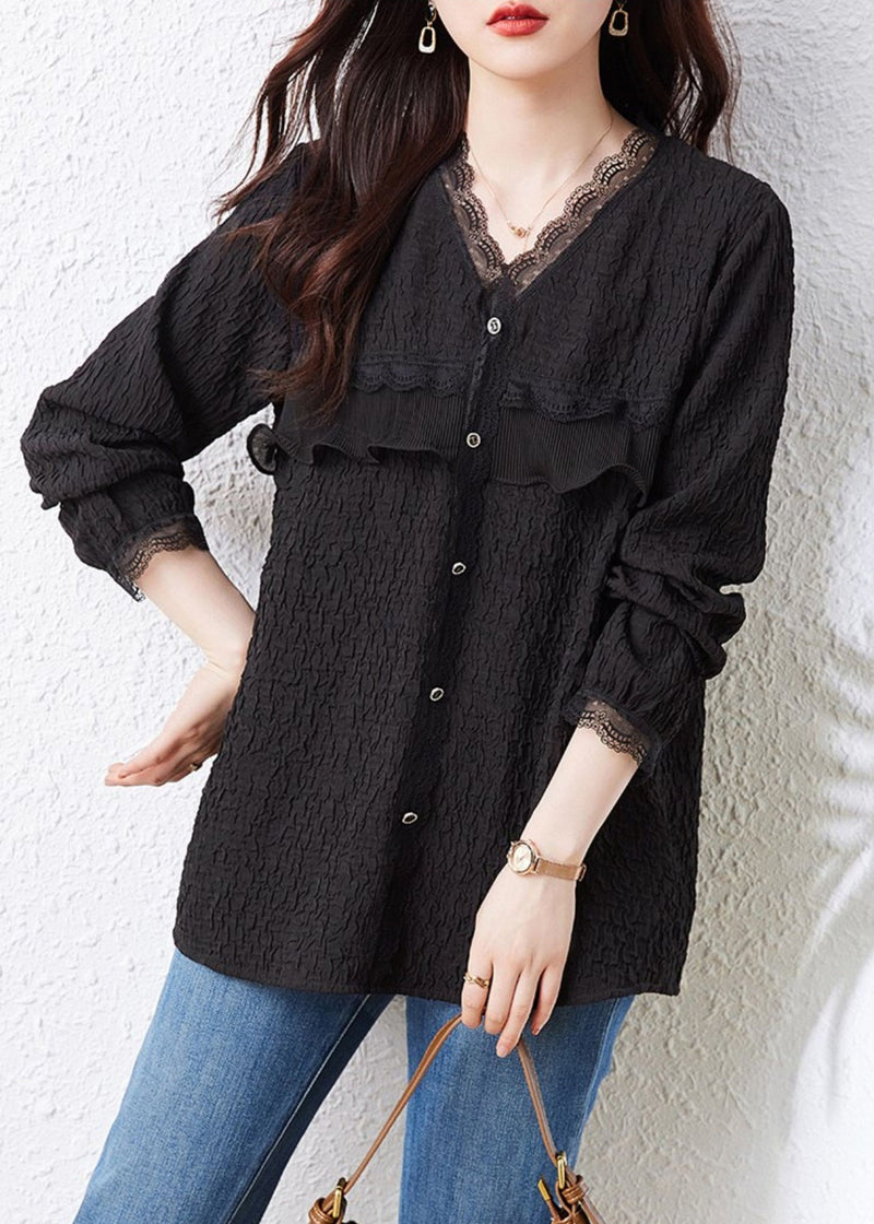 Black V Neck Ruffled Lace Patchwork Top Fall