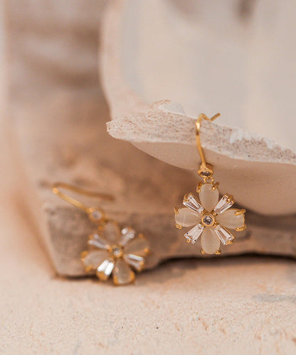 Boutique Gold Copper Alloy Cat Eye Stone Clover Drop Earrings