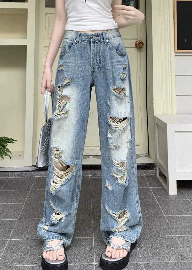 Blue Pockets Patchwork Hole Denim Pants Spring